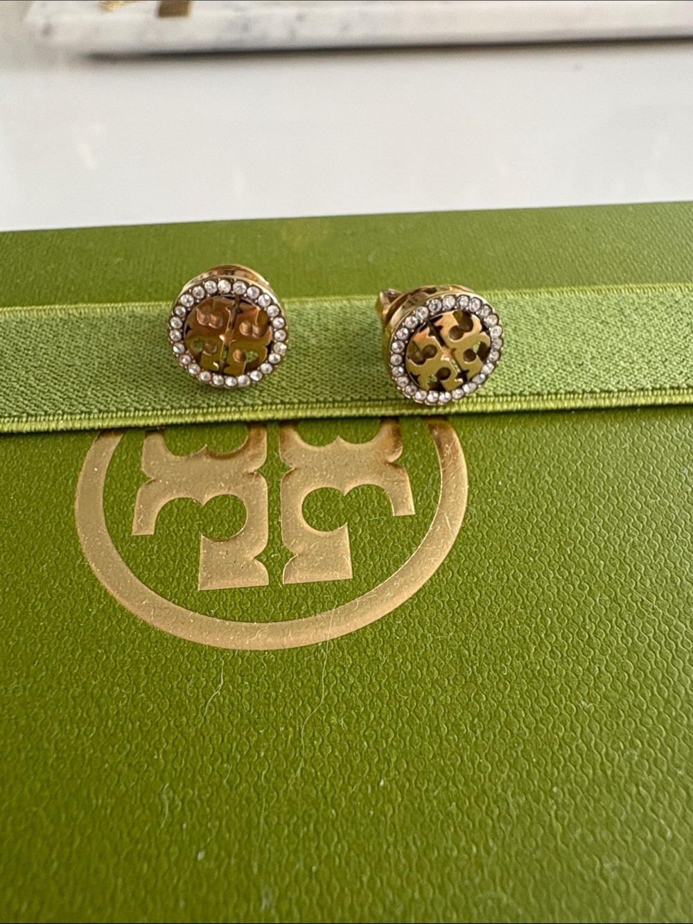Tory Burch Gold Logo Crystal Halo Stud Earrings